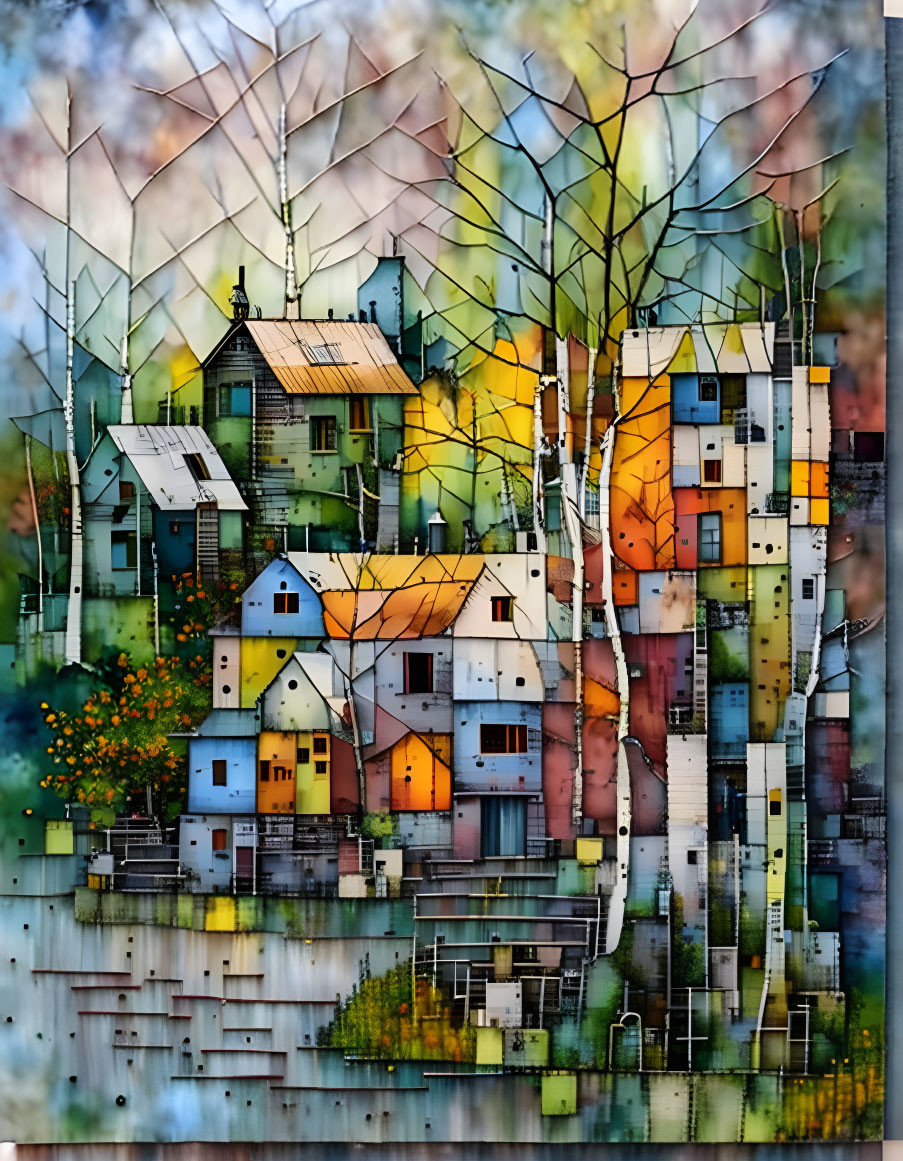 Vibrant abstract village scene with autumn colors and water reflection.