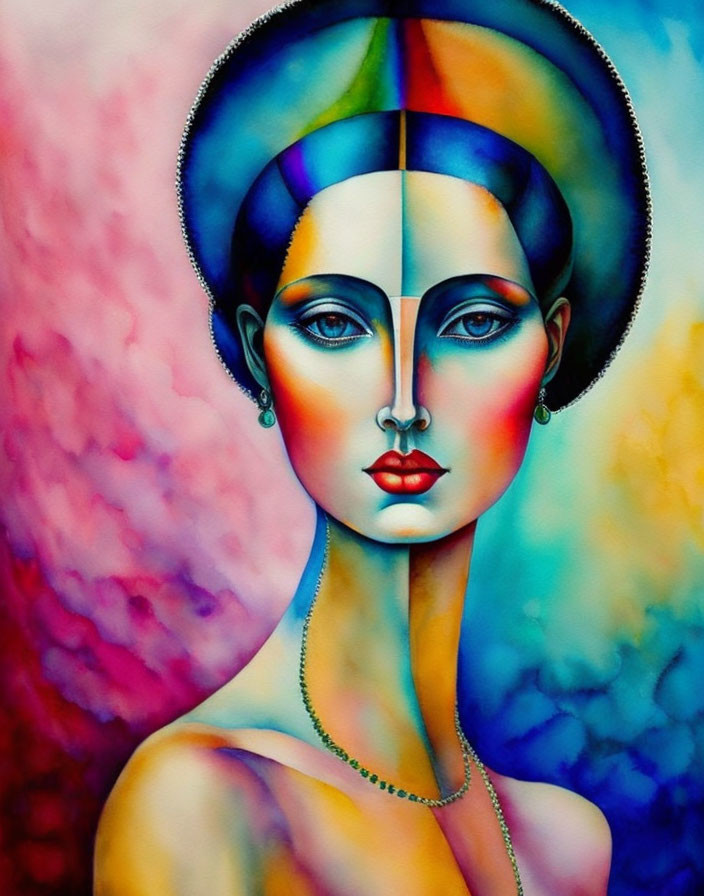 Abstract Portrait of Stylized Woman with Geometric, Multicolored Face Segments