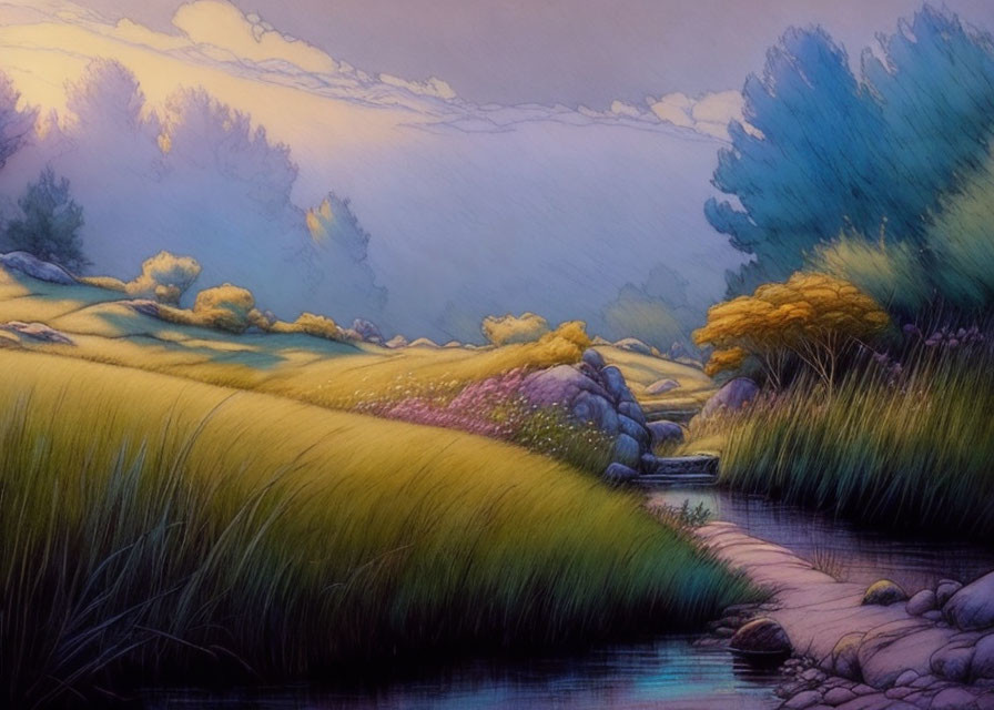 Tranquil landscape with meandering stream, lush green grass, stones, trees, and pastel