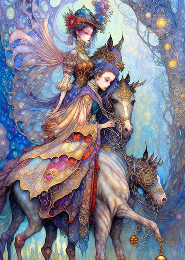 Ethereal women in fantasy attire riding majestic horse in dreamlike setting