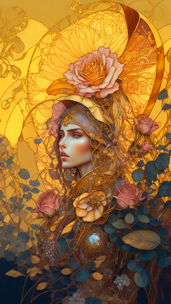 Detailed woman illustration with golden floral motifs and headdress on warm yellow backdrop.