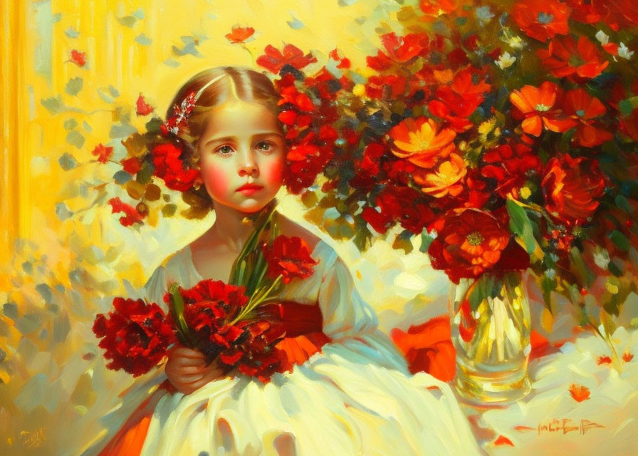 Young girl in white dress with red flowers among vibrant bouquets on sunny background