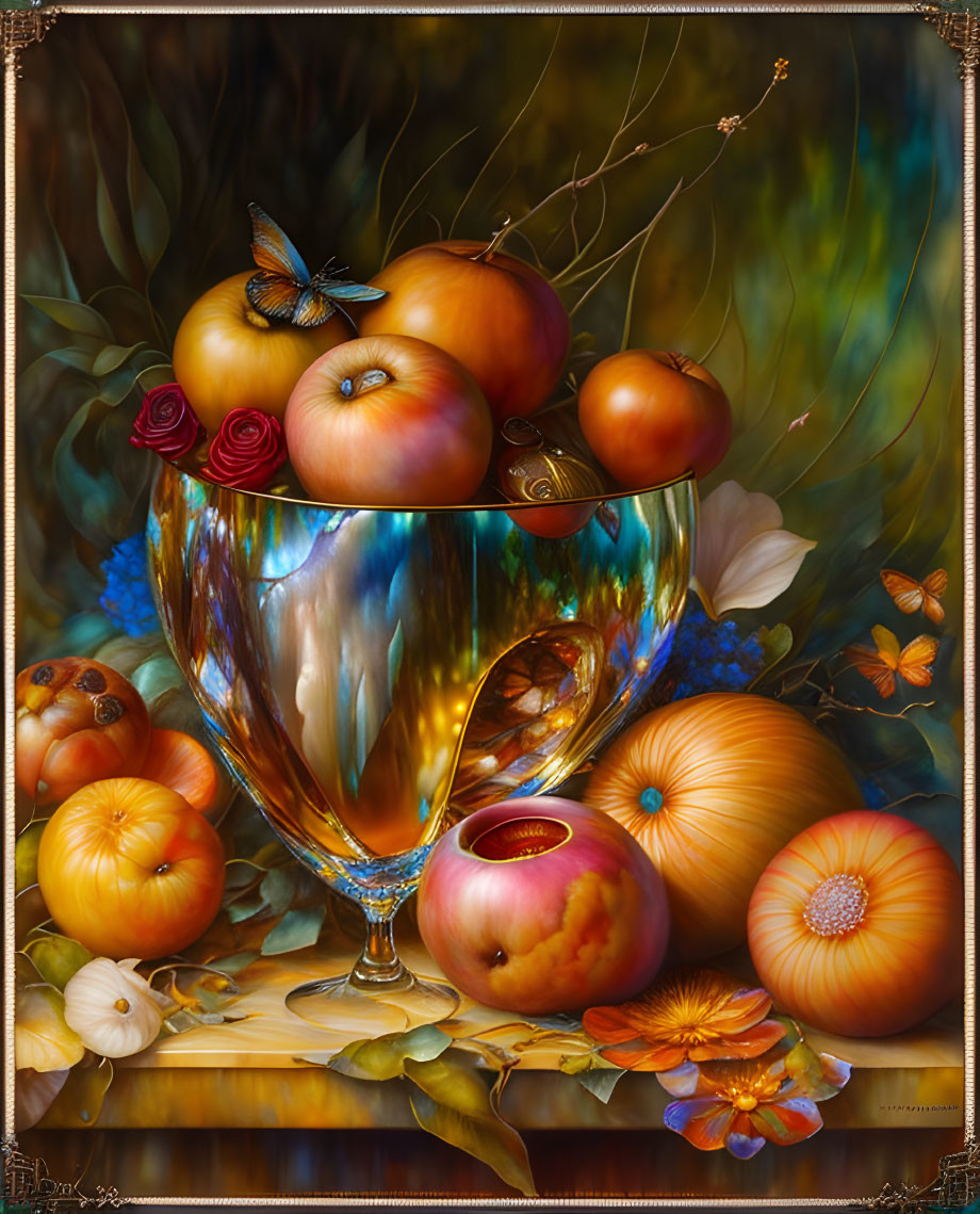 Reflective glass bowl with apples, butterfly, fruit, flowers, and butterflies.