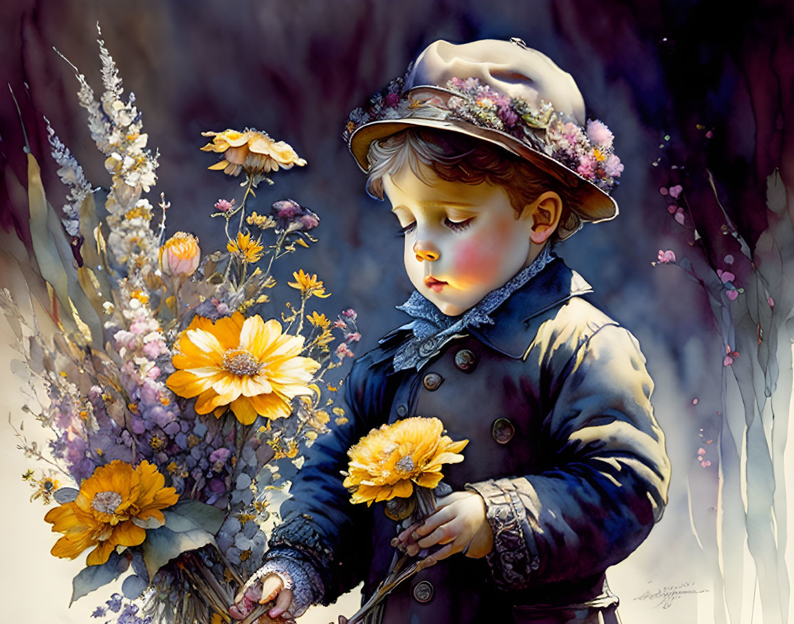 Vintage Clothing Child Painting with Yellow Flower and Colorful Bouquet