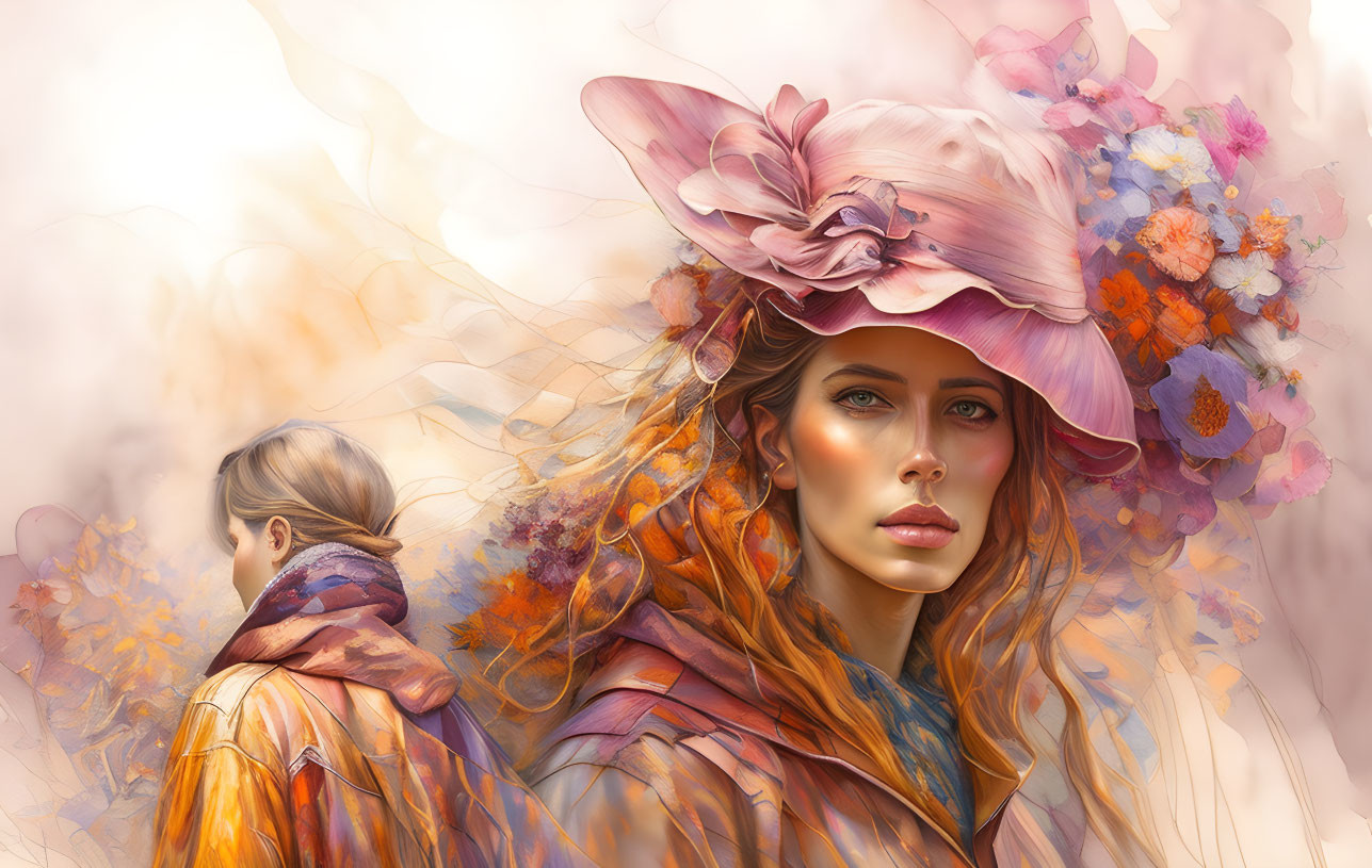 Woman with flowing hair and floral hat in autumnal setting.