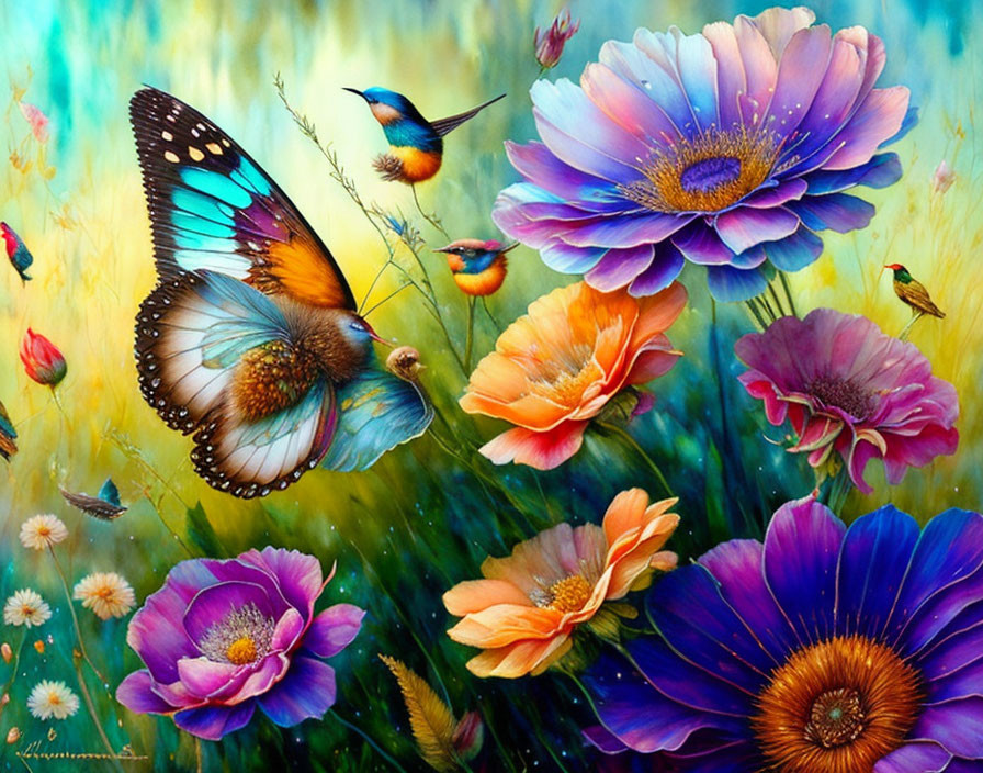 Colorful painting with butterfly, birds, and flowers on dreamlike backdrop