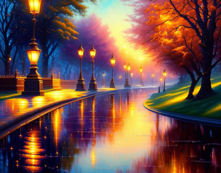 Vibrant tree-lined path with glowing street lamps at dusk or dawn