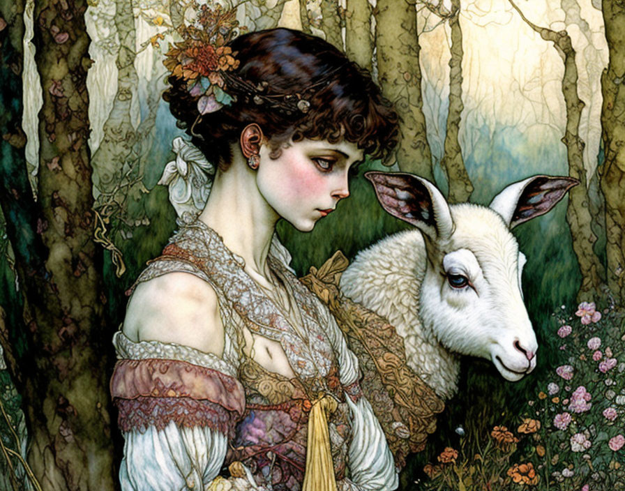 Victorian-style lady with floral hat and lamb in enchanted forest portrait.