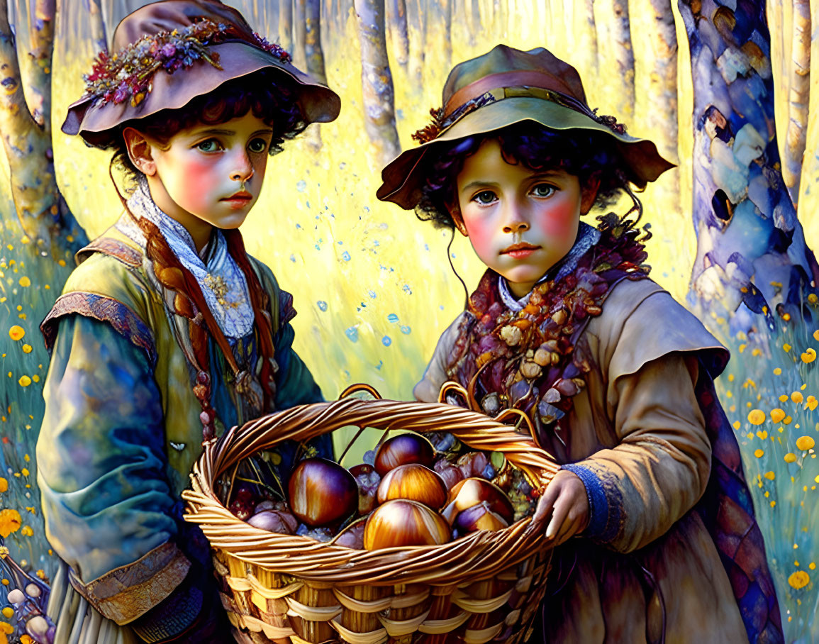 Vintage clothing children with apple basket in floral setting