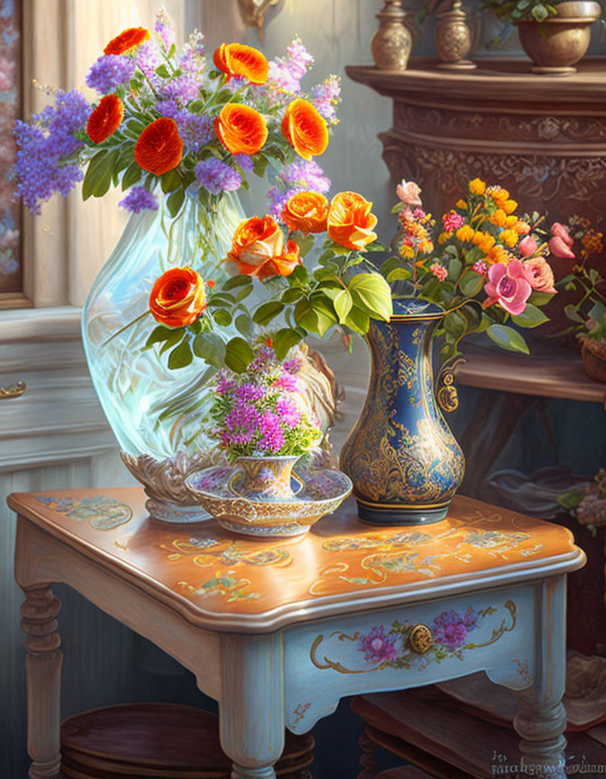 Colorful flower vases on ornate table with warm sunlight glow