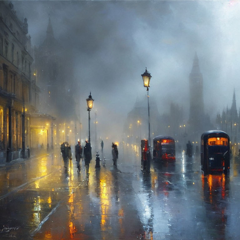 Misty city scene at dusk: glowing street lamps, silhouettes, red buses on wet street