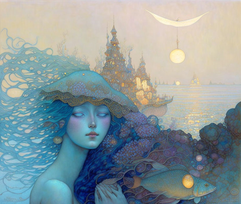 Surreal artwork: Woman with blue sea-like hair, fish, whimsical castle, white moon