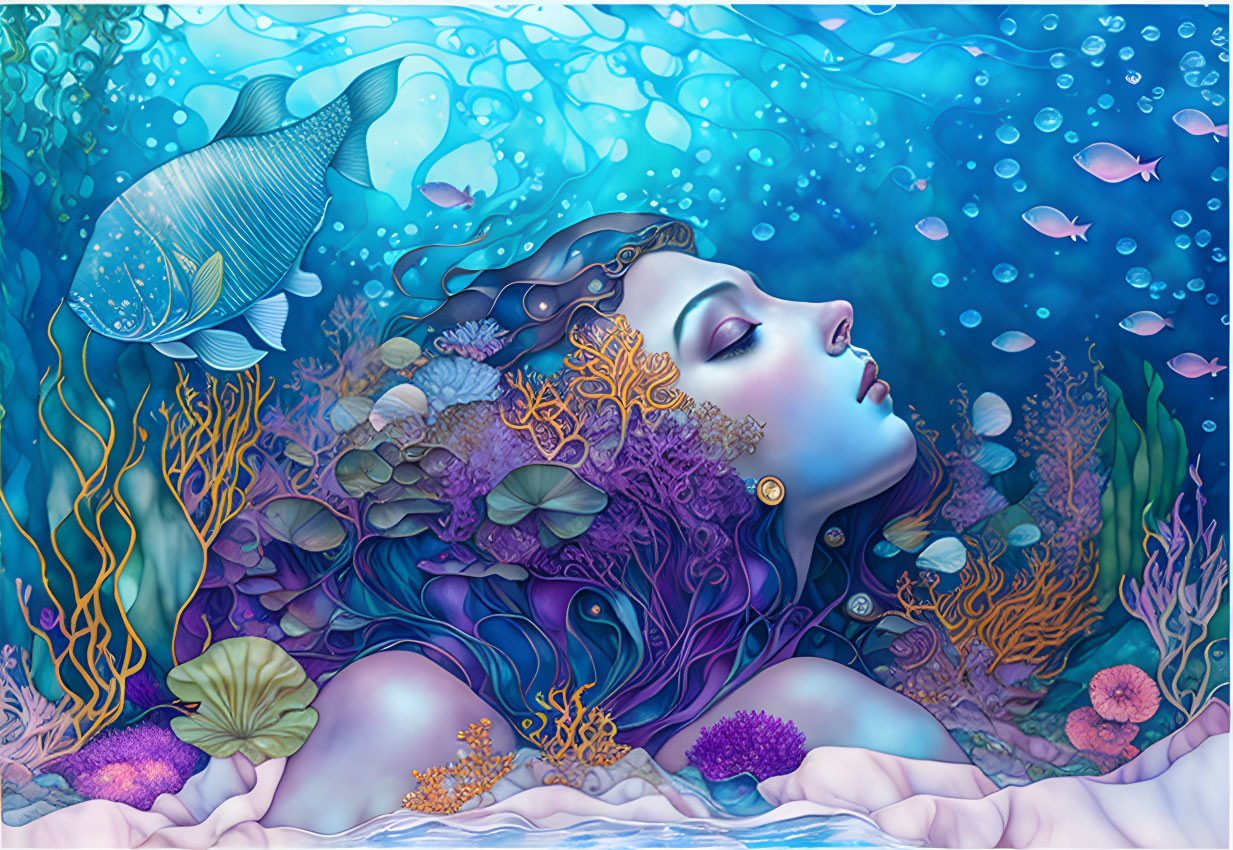 Vibrant underwater illustration with woman and marine life