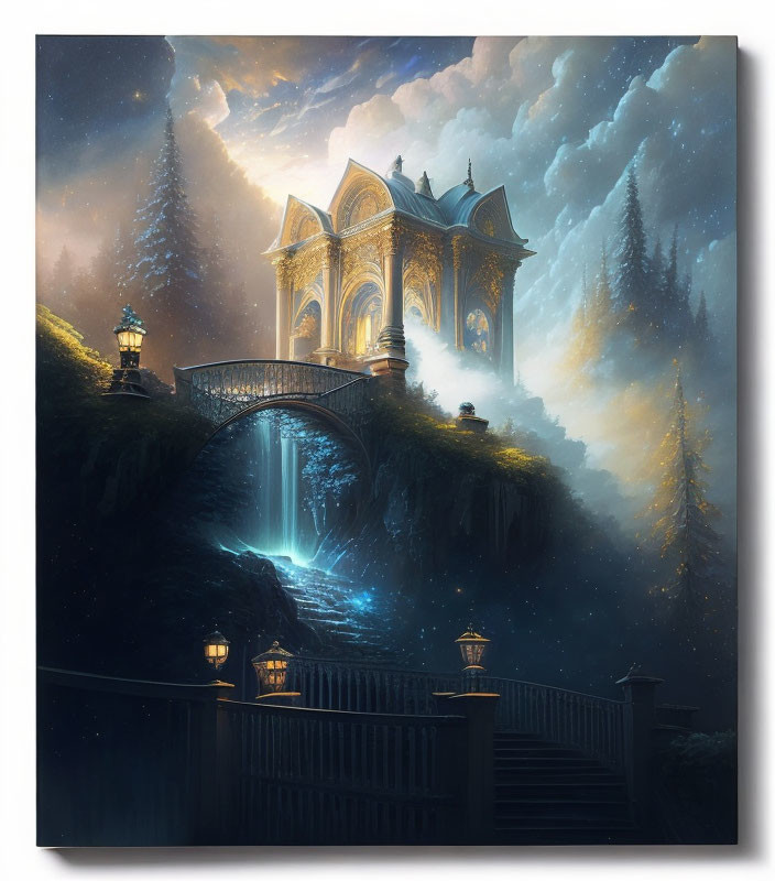 Gothic structure atop waterfall in misty forest at night