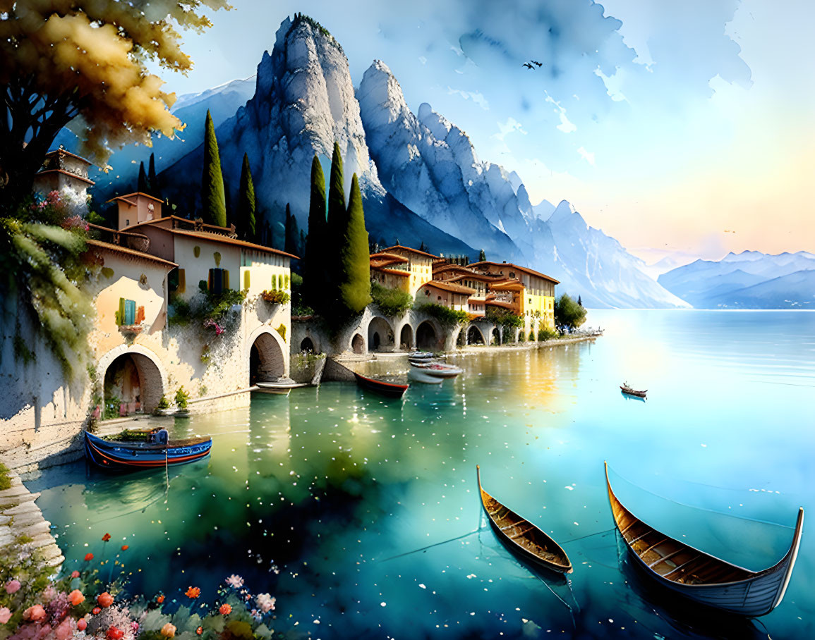 Scenic lakeside village with mountain backdrop and colorful flora