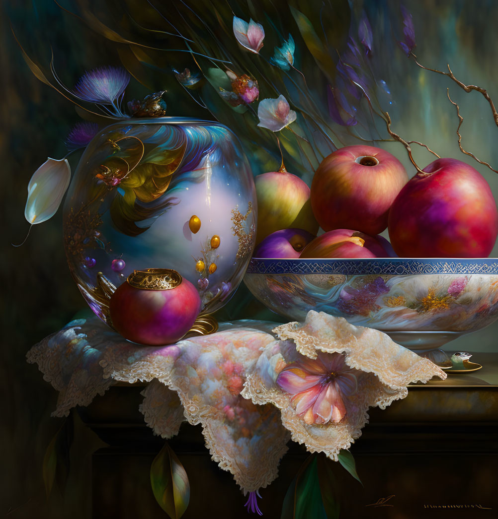 Classic Still Life Painting with Apples, Vase, and Flowers