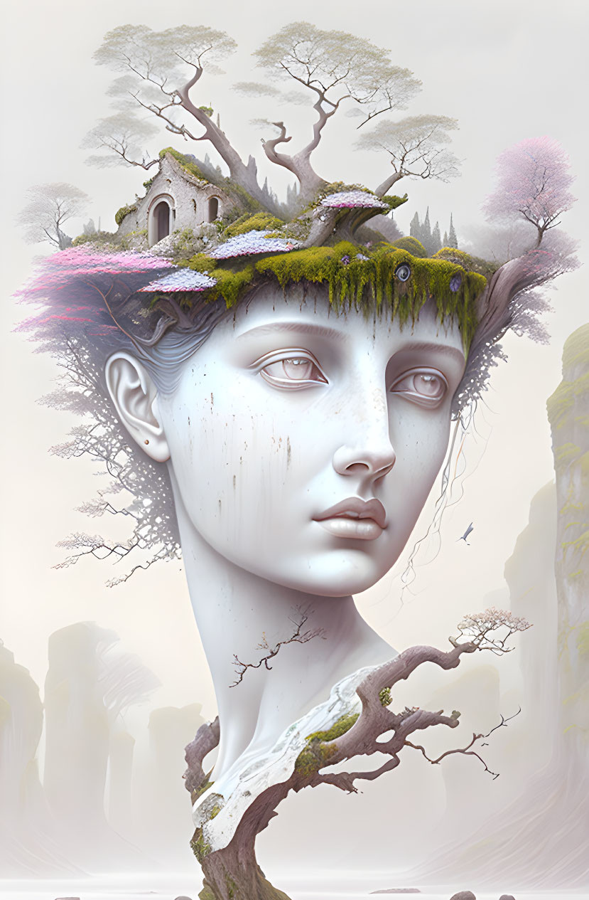 Surreal feminine face merging with tree and landscape art