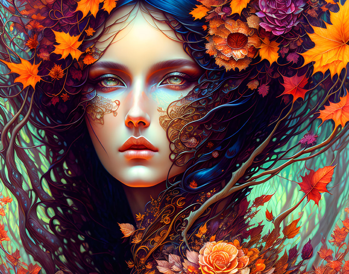 Vibrant autumn-themed woman illustration with floral hair and ornate face designs