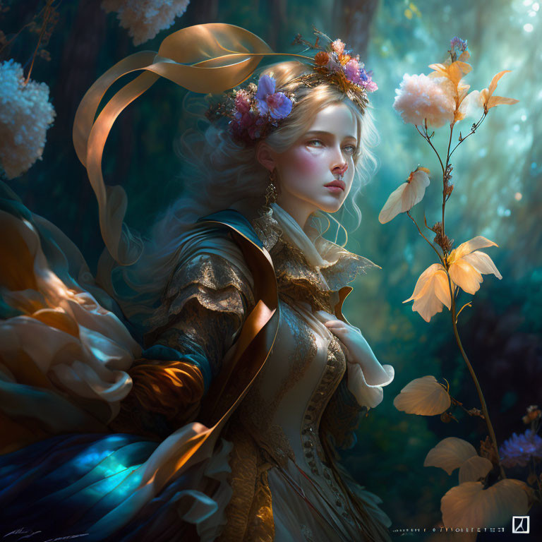 Ethereal woman in regal dress in mystical forest setting