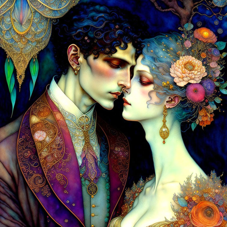 Detailed Romantic Couple Illustration with Elaborate Garments and Floral Accents