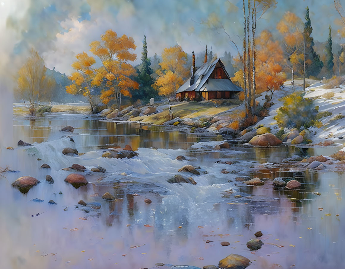 Rustic cabin by river in autumn setting with golden foliage