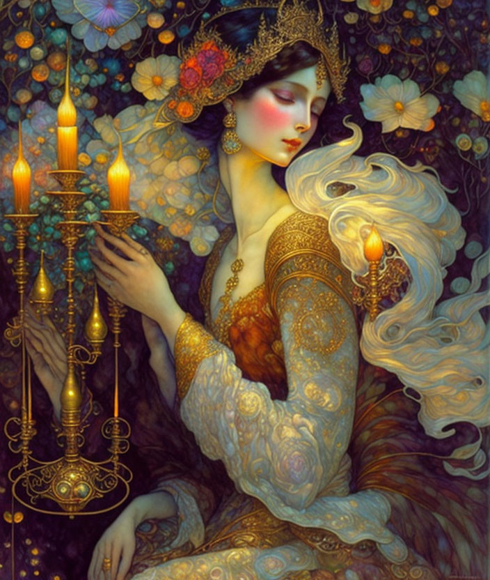 Ethereal woman in golden attire with candle in intricate setting.
