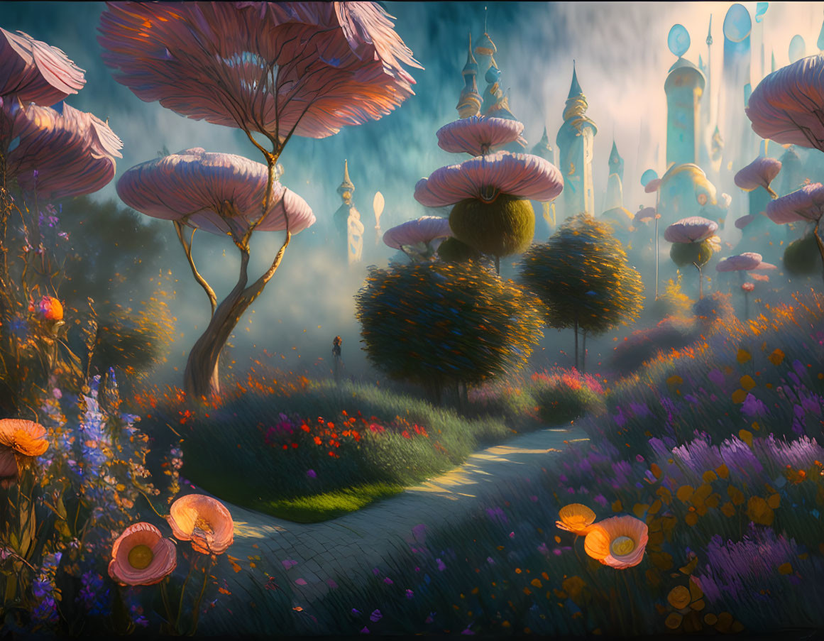 Fantastical landscape with oversized flowers, winding path, colorful flora, and city with tall towers under