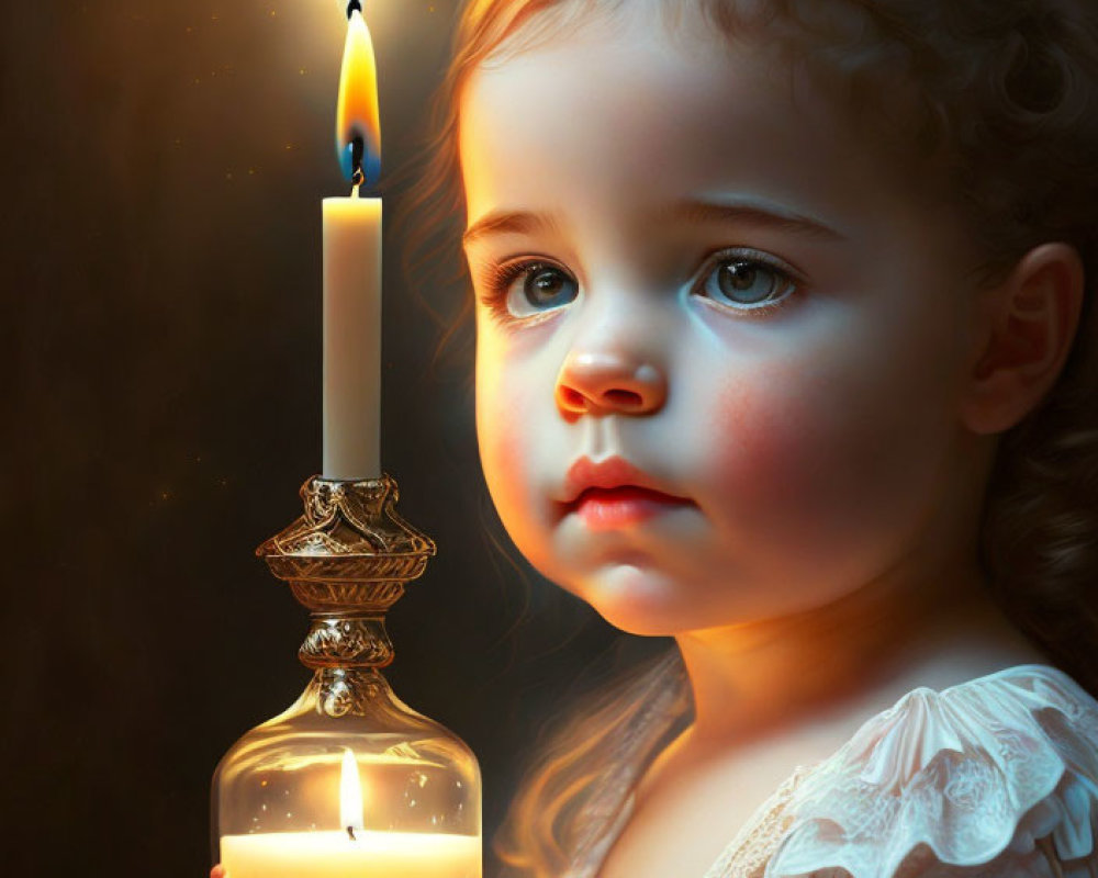 Child with Large Eyes Holding Lit Candle in Dark Background