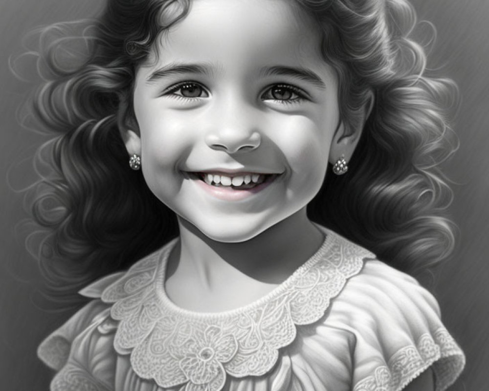 Smiling young girl with curly hair and white flowers in grayscale illustration