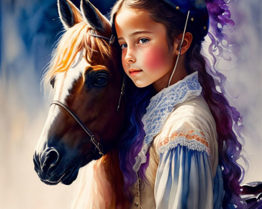 Young girl with colorful flowing mane near horse in misty moonlit scene