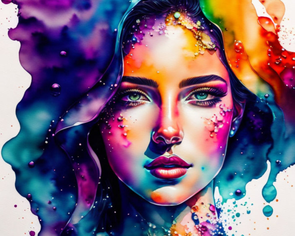 Colorful Watercolor Portrait of Woman with Vibrant Purples, Blues, and Pinks