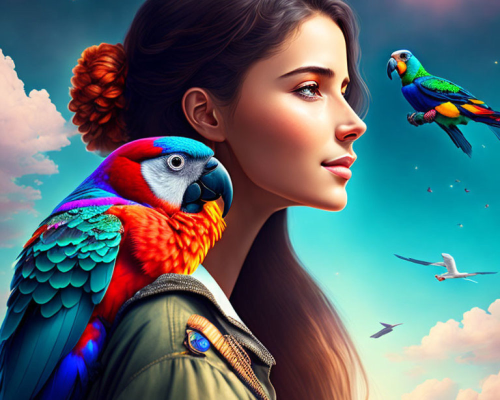 Woman with side braid and parrots in serene sky scene