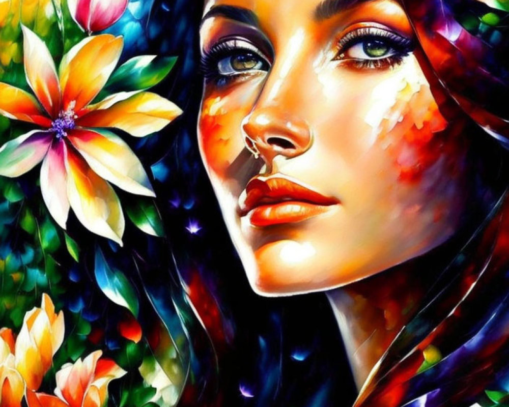 Vibrant woman's face with floral elements on multicolored backdrop