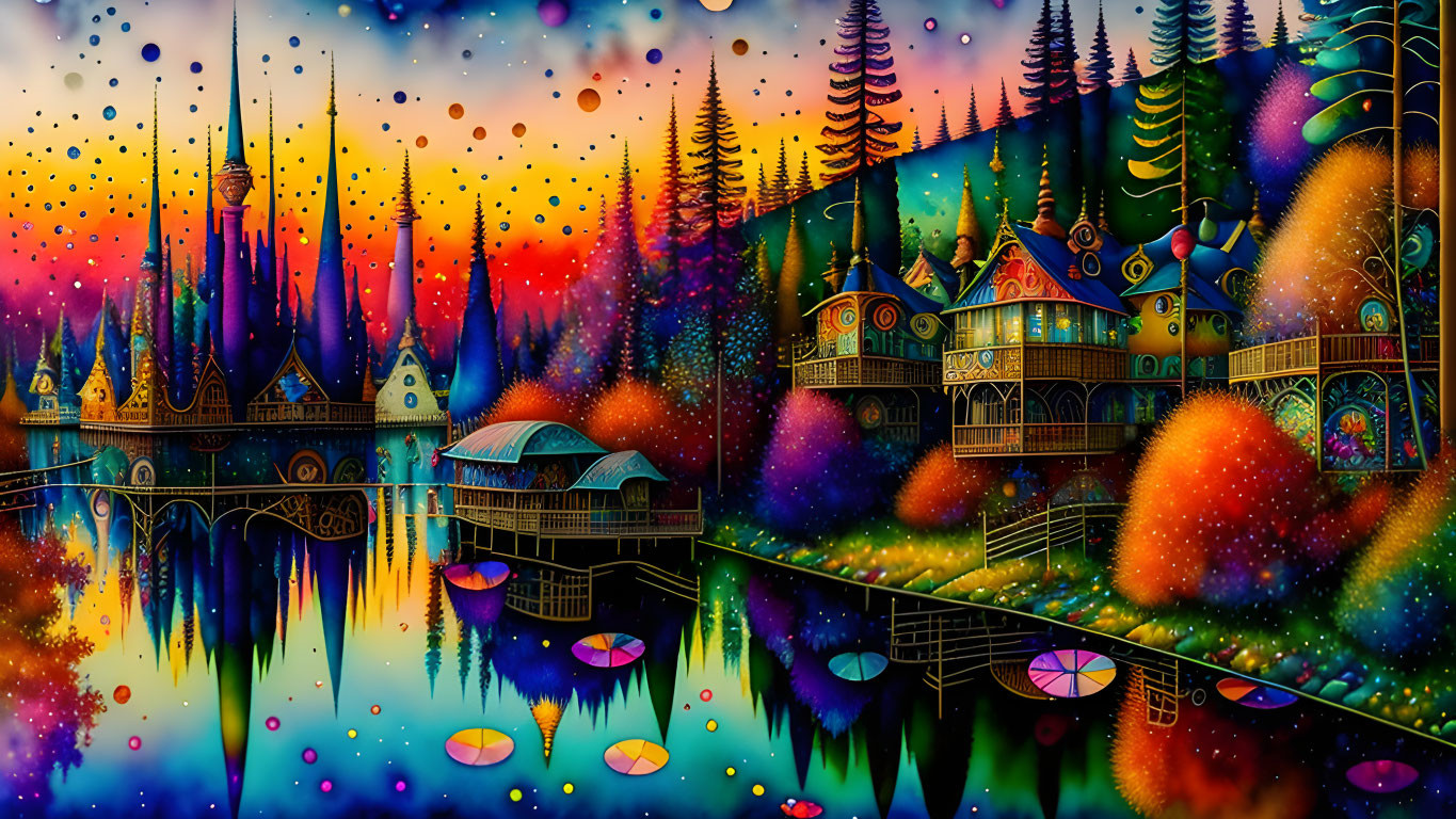 Colorful Sparkling Trees and Whimsical Buildings Reflecting Lights Over Serene Lake