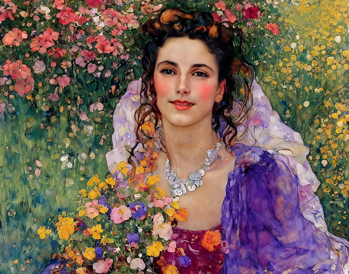 Portrait of woman with dark hair in lilac dress among vibrant flowers