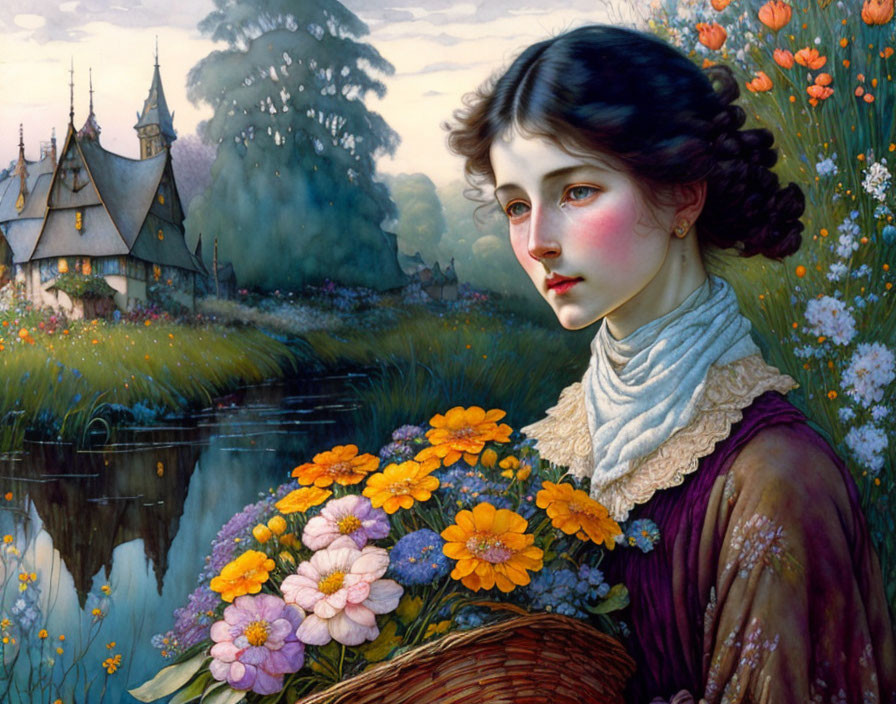 Young woman with basket of flowers near river and castle in painting