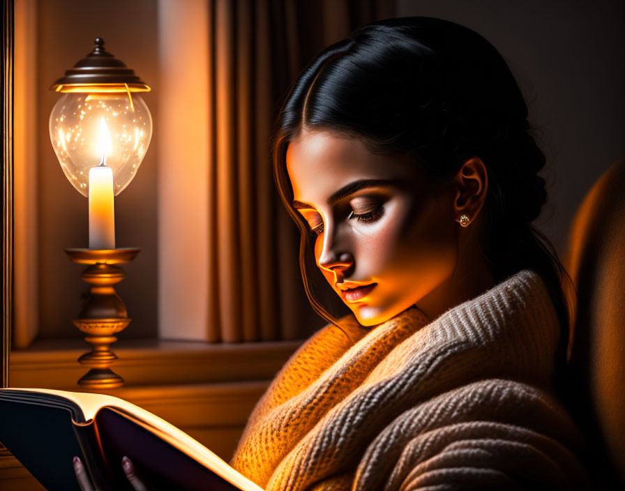 Cozy woman reading book by candlelight in a serene setting