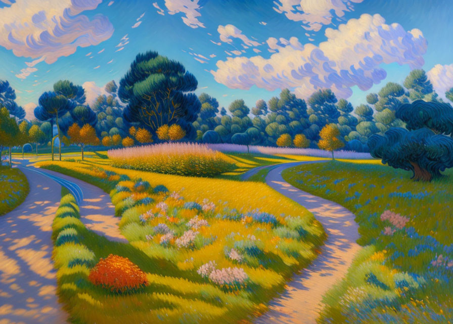Colorful landscape painting: Forked path, vibrant flowers, whimsical trees