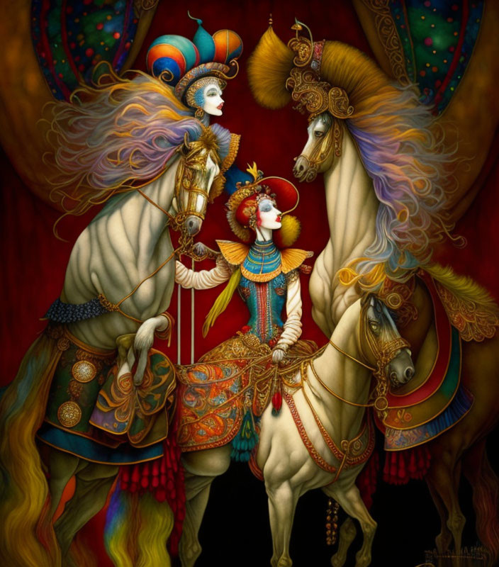 Ornately adorned figures on white horses in vibrant fantasy scene