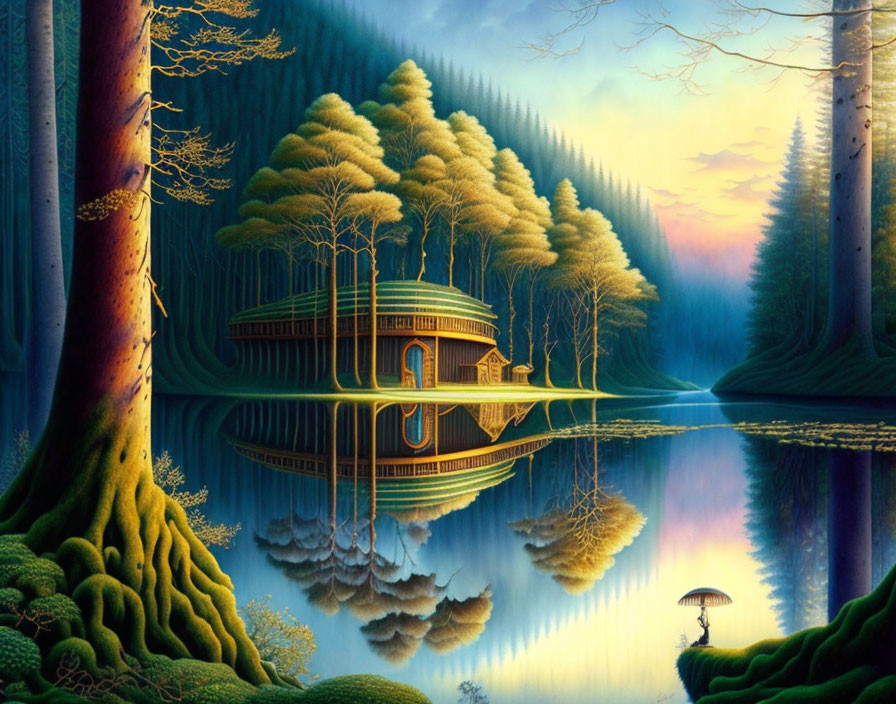 Tranquil lake scene with mirrored tree house and lone figure under twilight sky