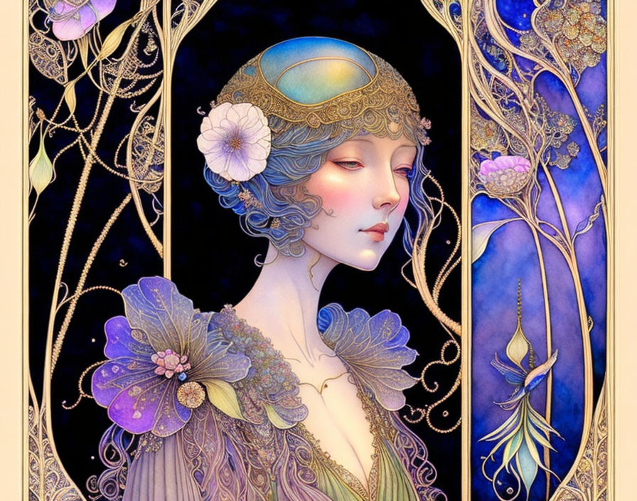 Art Nouveau Woman Illustration with Floral Headpiece in Blues and Purples