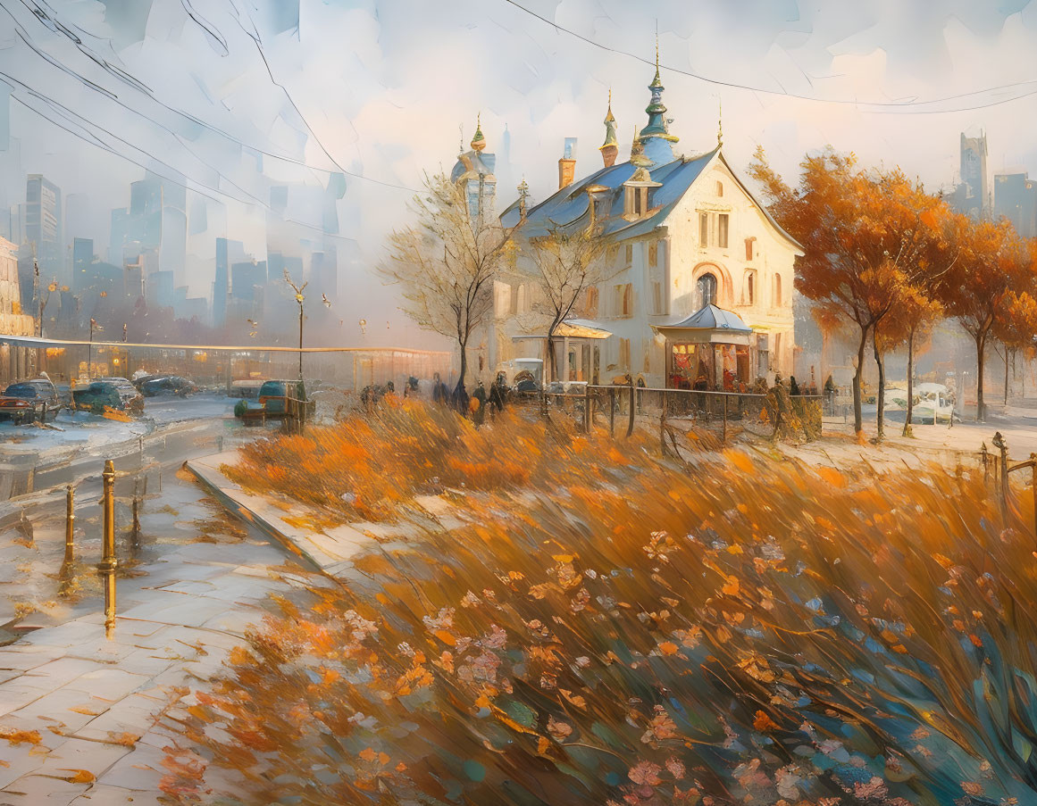 Vibrant autumn scene: quaint house, bustling city, people walking in sunlight.