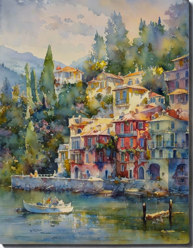 Tranquil lakeside village watercolor painting with colorful buildings