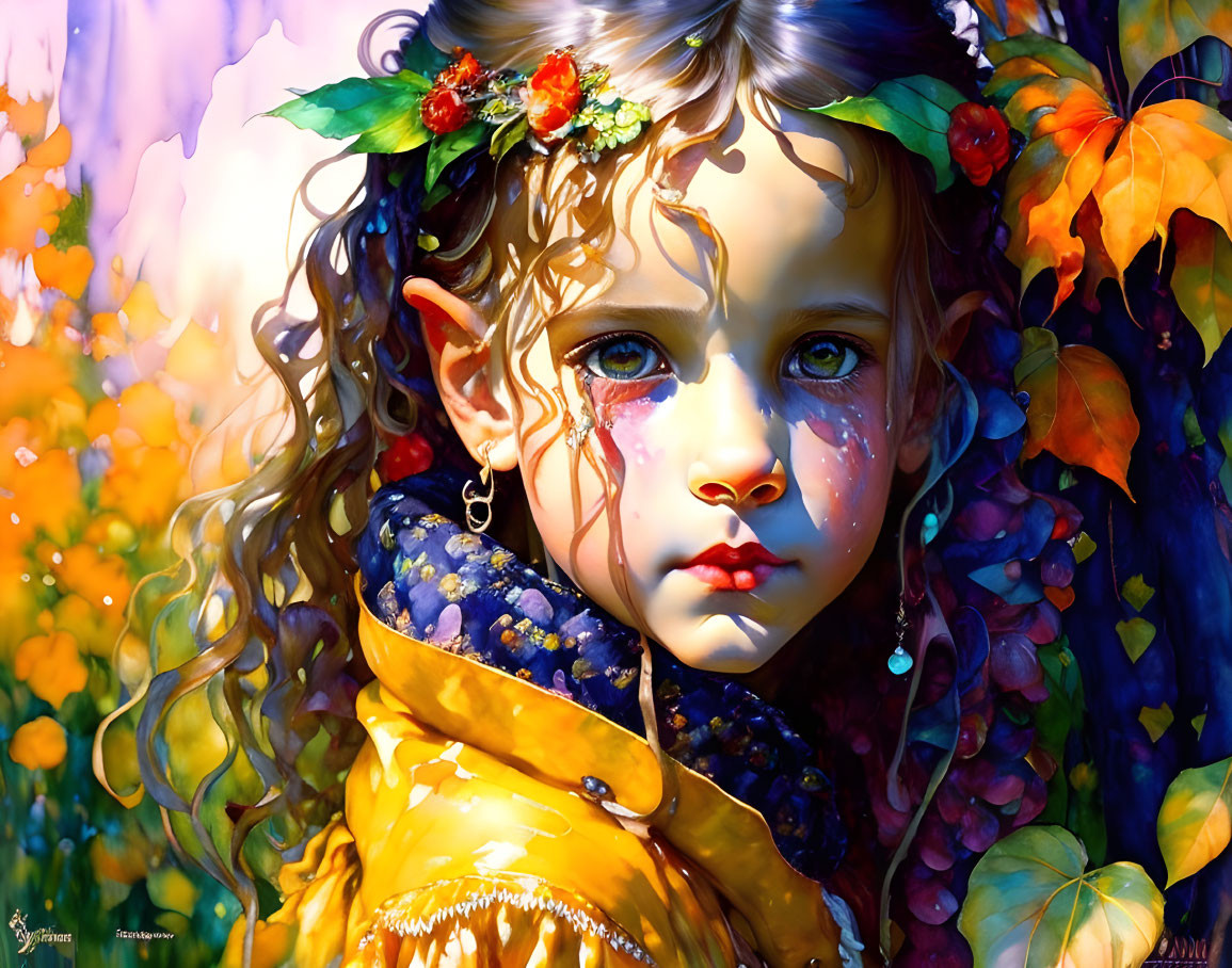 Young girl with curly hair and autumn leaves in teary-eyed illustration