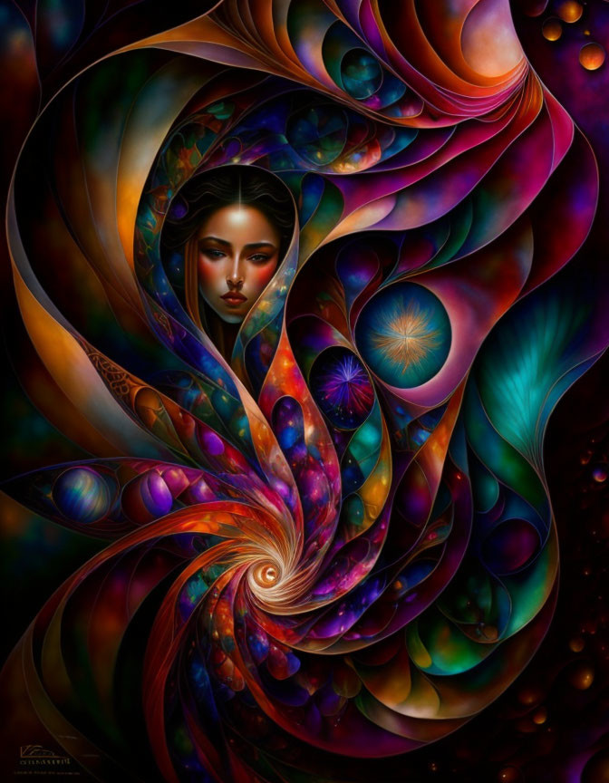 Colorful cosmic swirl with woman's face in vibrant artwork