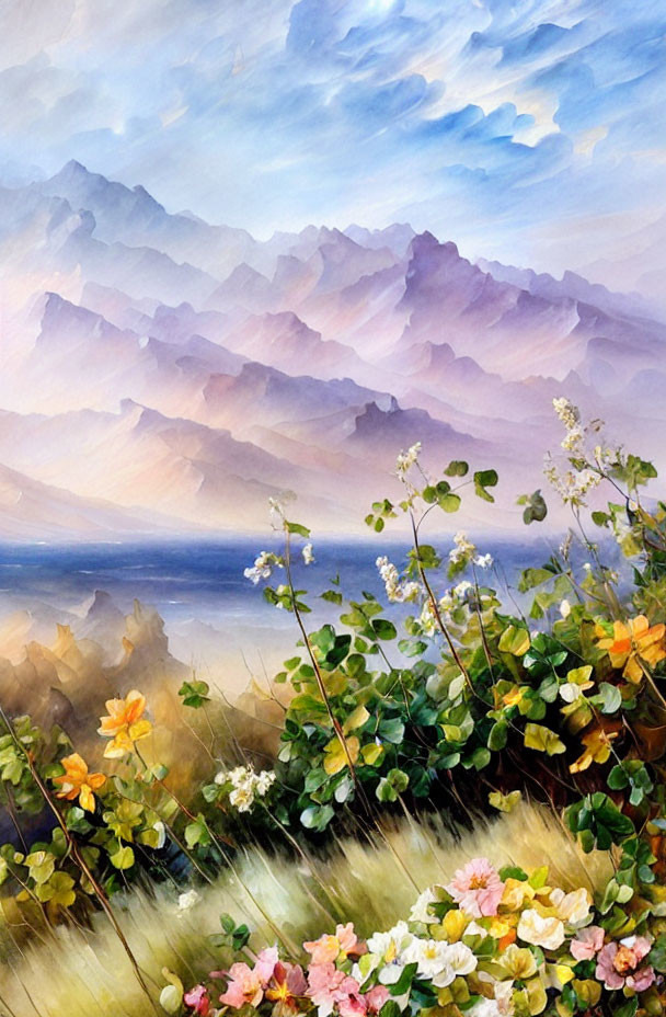 Serene mountain landscape watercolor painting at sunrise