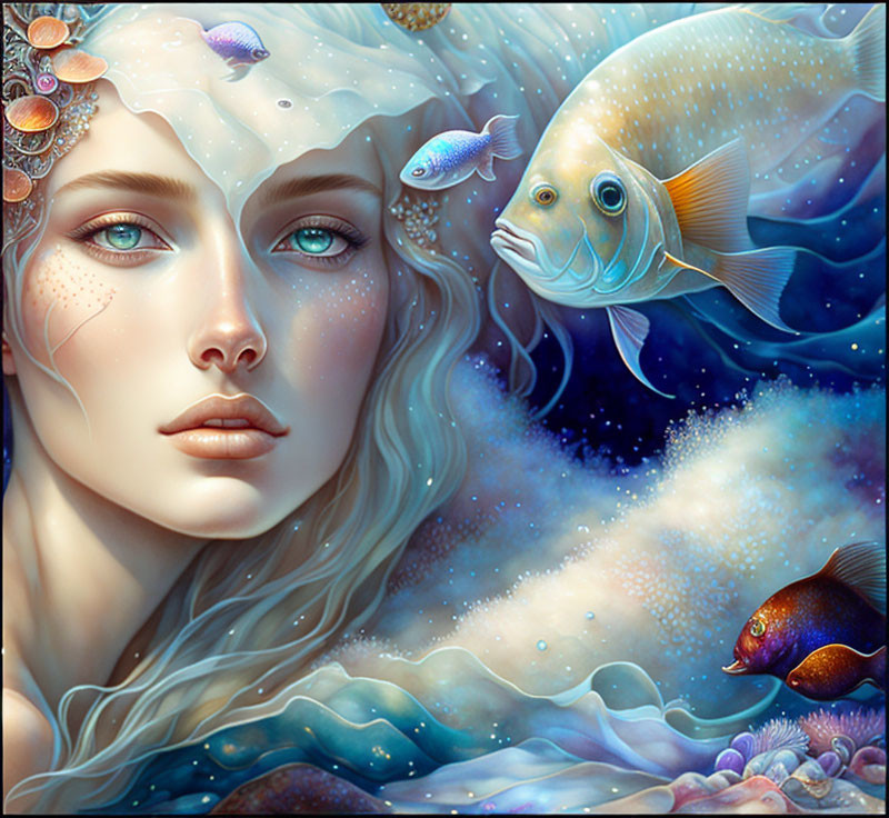 Woman portrait with sea elements and fish, mystical underwater scene