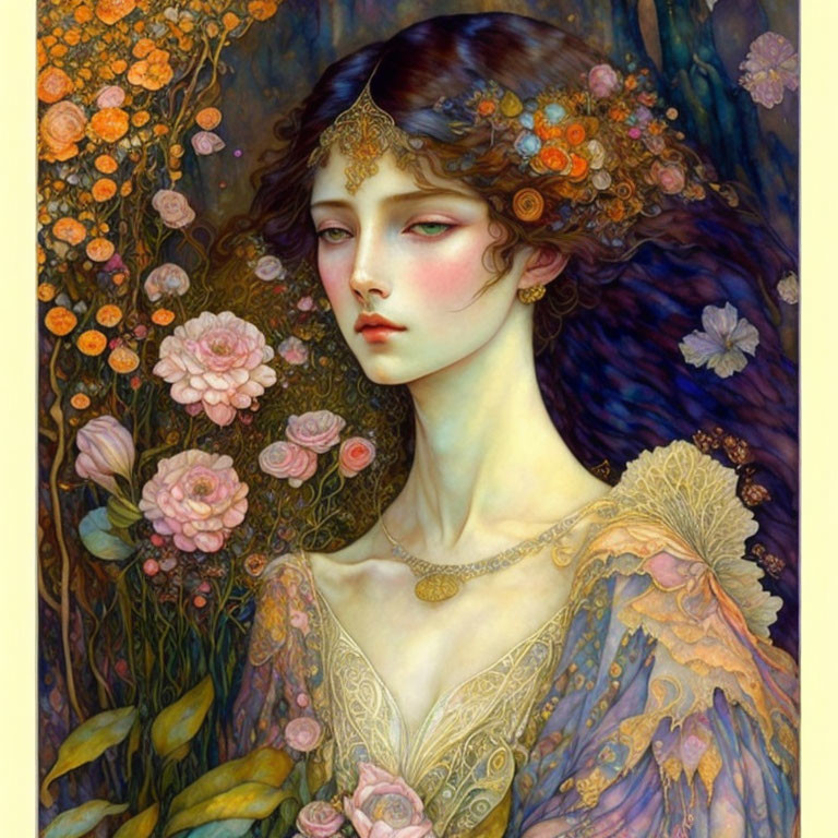Dark-haired woman surrounded by flowers in Art Nouveau style illustration