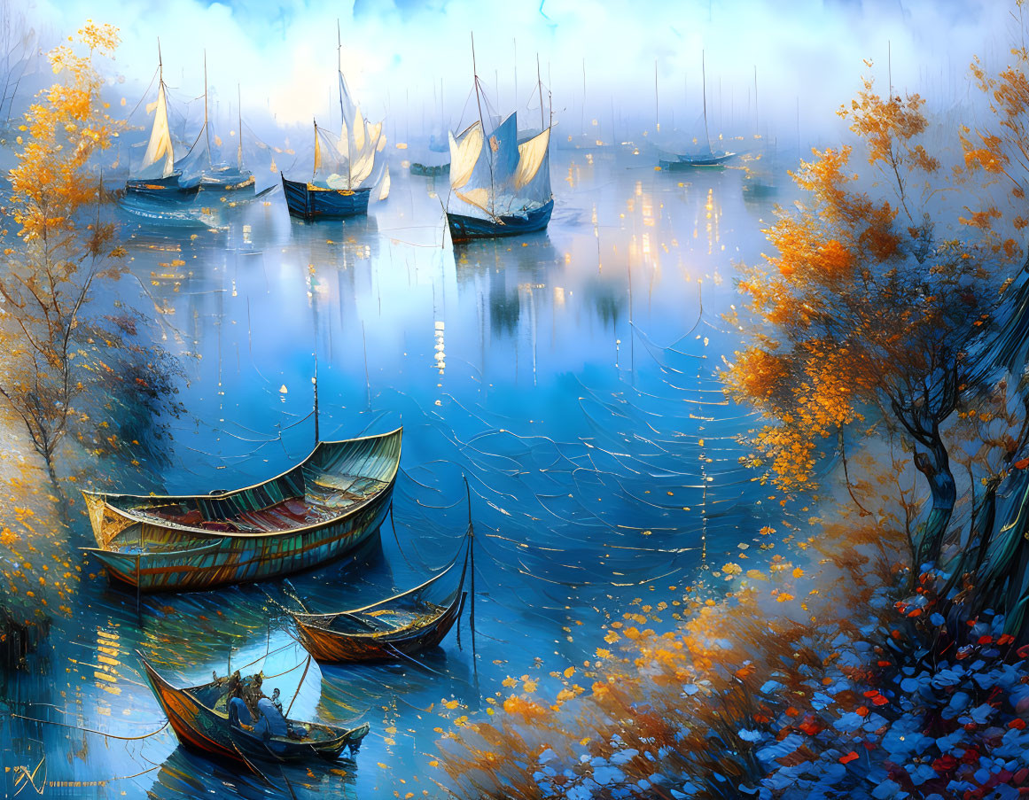 Sailboats in Misty Harbor Surrounded by Fall Foliage