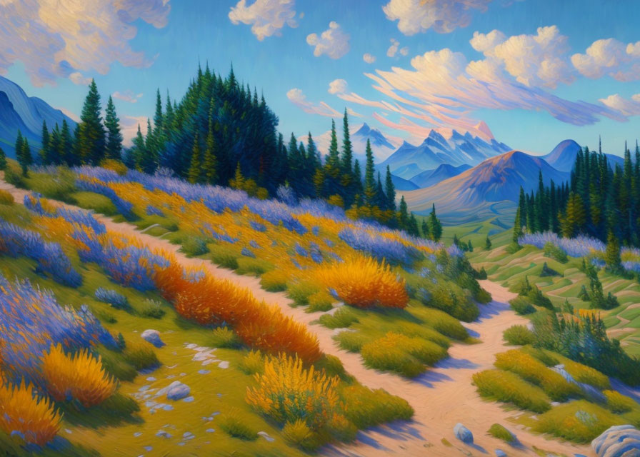 Colorful landscape painting: meadow trail, wildflowers, mountains, cloudy sky